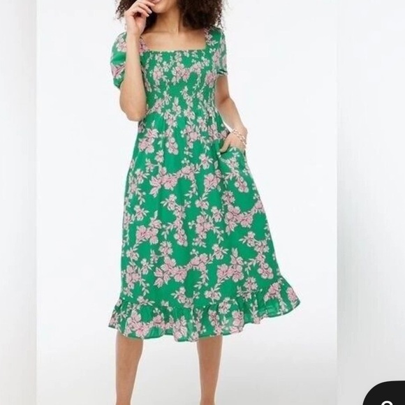J. Crew Dresses & Skirts - J. Crew Smocked Green and Pink Puff Short Sleeve Floral Dress NEW Sz S